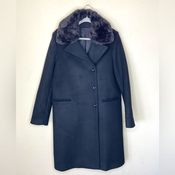 NWT Acne Studios Omana Wool Trech Black Pea Coat Fake Fur Collar Size 6 - Picture 3 of 11